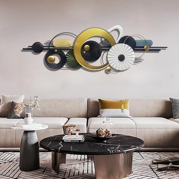 Modern Abstract Metal Wall Art,Large 59×20 Inches Wall Decor, Geometric Circles Design Wall Sculptures, Gold Black White, Wall Decoration for Living Room Bathroom Bedroom Dining Room