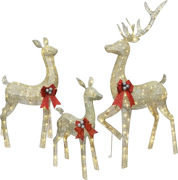 winemana 3 Pcs Christmas Reindeer Decorations Outdoor, Lighted Large Deer Yard Decor Light up 3D Deer Family Set for Outside Indoor Lawn Garden Xmas Holiday Party (Gold)
