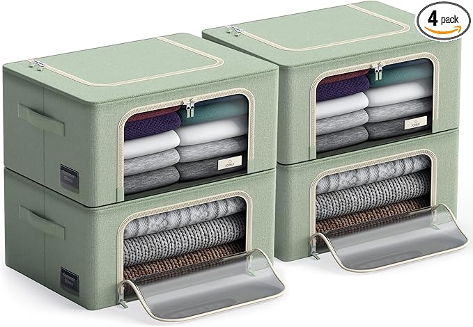 Sorbus Storage Bins with Metal Frame - Stackable & Foldable Clothes Organizer Bags - Oxford Fabric Storage Containers with Large Clear Window & Carry Handles, Bedroom Organization for Bedding & Linen