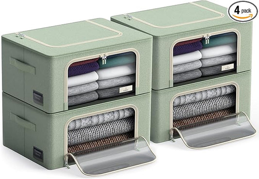 Sorbus Storage Bins with Metal Frame - Stackable & Foldable Clothes Organizer Bags - Oxford Fabric Storage Containers with Large Clear Window & Carry Handles, Bedroom Organization for Bedding & Linen