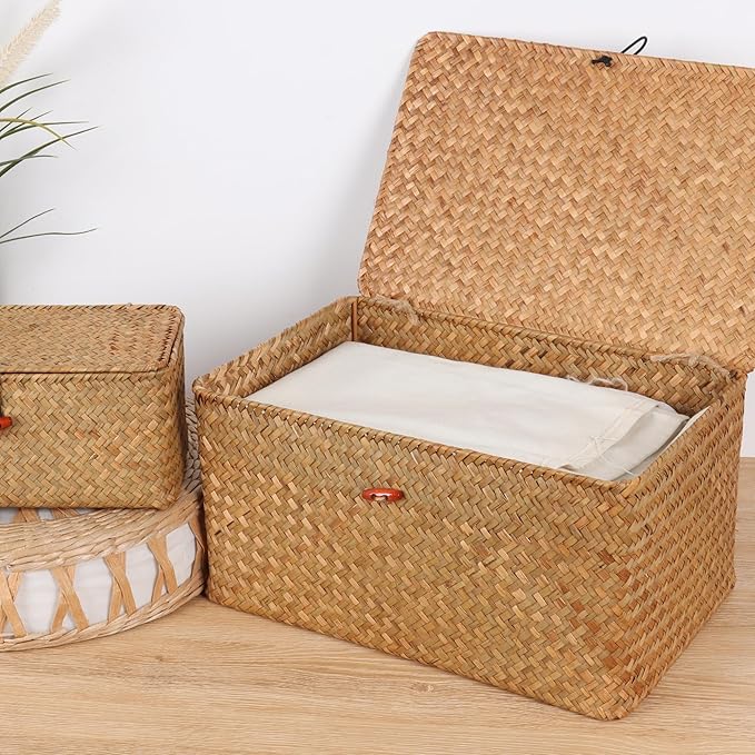 Wicker Shelf Baskets with Lid,Natural Seagrass Storage Basket Boxes Handwoven Rectangular Baskets Bins Multipurpose Home Organizer Decor (Large+Medium+Small)