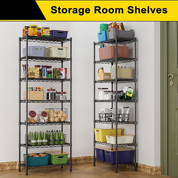 GIOTORENT 7-Wire Garage Shelving Storage Shelves, Kitchen Storage Adjustable Shelf, Metal Shelves 1400Lbs Capacity 24" W x 14" D x 71.6" H for Laundry Bathroom Pantry Closet, Black