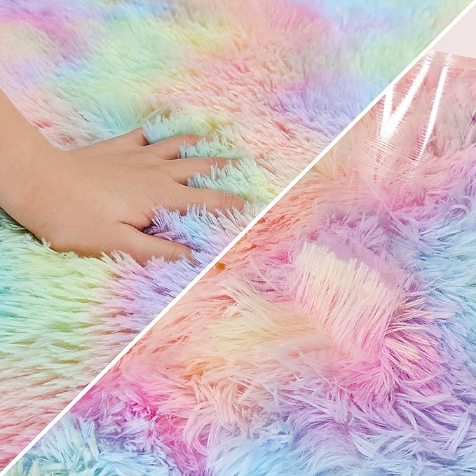 Fluffy Rainbow Colorful Area Rug for Living Room 6x9 Kawaii Tie Dye Rug Fuzzy Indoor Floor Unicorn Rug for Bedroom Girls Kids Nursery Baby Princess Room Dorm Home Decor Aesthetic Carpets