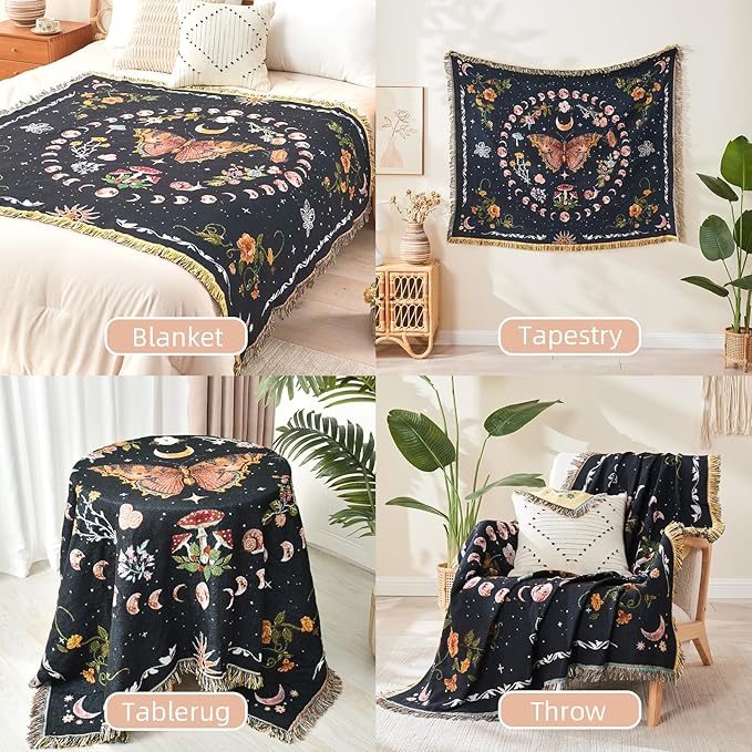 Boho Throw Blanket Reversible Cotton Bohemian Tapestry Hippie Room Decor Outdoor Blanket Double Sided (Black Butterfly 50"x60")