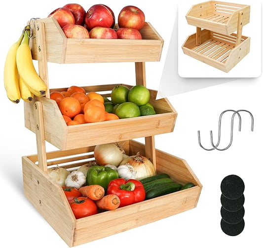 3-Tier Bamboo Fruit Basket – Transforms To 2-Tier | 2 Banana Hooks Included – 14" W x 12.5" L x 19" H – Fruit Holder for Kitchen Countertop - Fruits & Vegetable Storage – Large Capacity Shelf