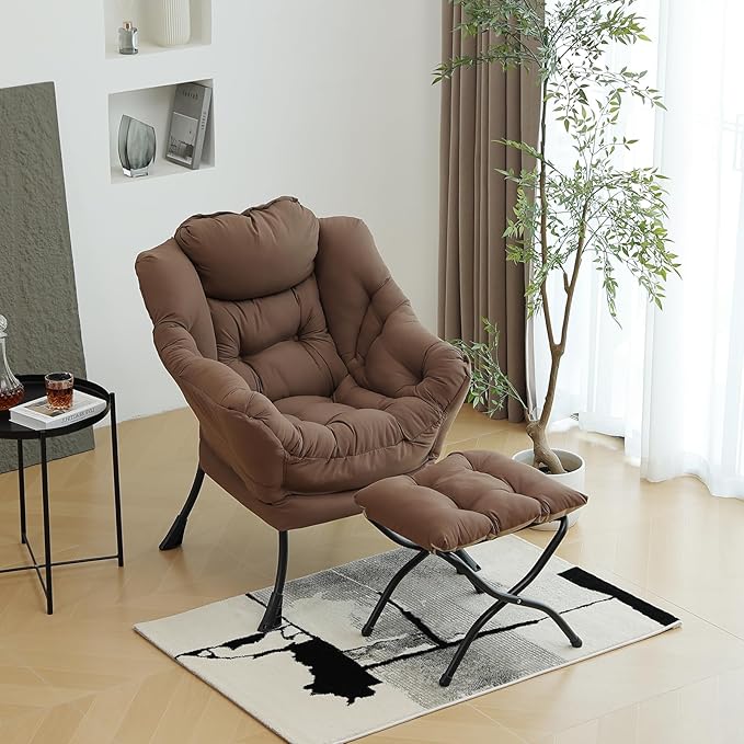 Lazy Chair with Ottoman, Modern Chair with Folding Footrest, Lounge Accent Chair, Comfortable Reading Chair (Dark Brown)