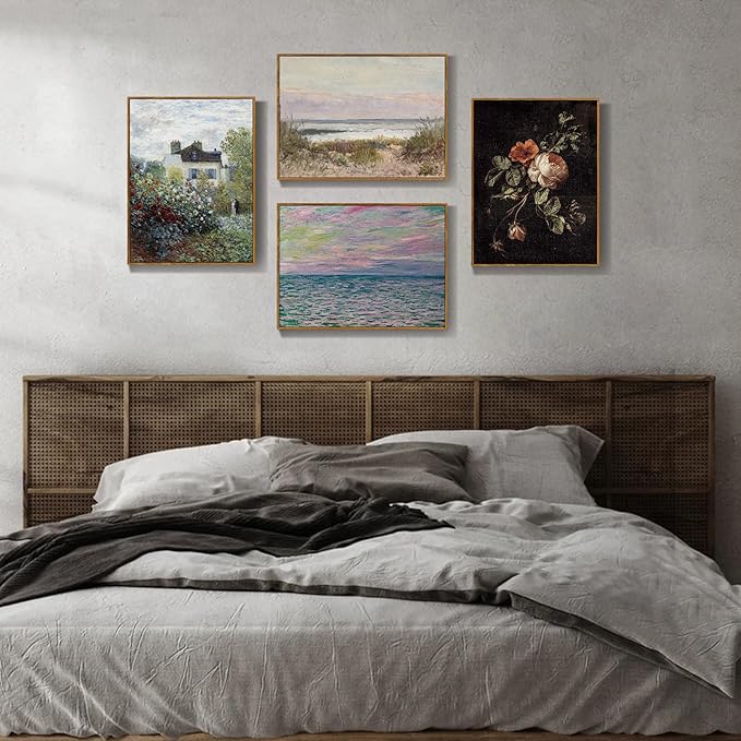 crmotu Framed Canvas Wall Art, Ocean Sunset Vintage Landscape Painting, Sea Dusk Aesthetic Art Prints, Abstract Nature Pictures Wall Decor Living Room Bathroom Bedroom Farmhouse Office Artwork 20x30in