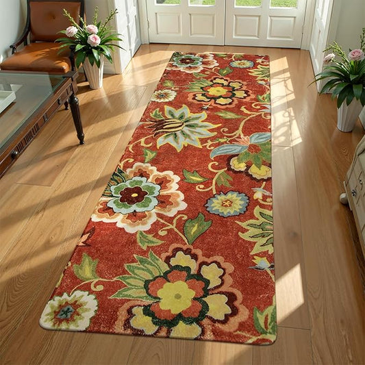 Lahome Floral 2x6 Kitchen Runner Rug, Washable Hallway Runner, Vintage Soft Non-Slip Carpet for Entryway Laundry Living Room (2'x6', Red)