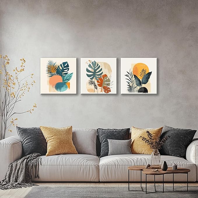 NAN Wind 3 Panels Modern Abstract Tropical Canvas Wall Art Colorful Leaf Prints Contemporary Botanical Art for Living Room Minimalist Plant Decor Geometric Palm & Monstera Leaf Paintings Home Decor