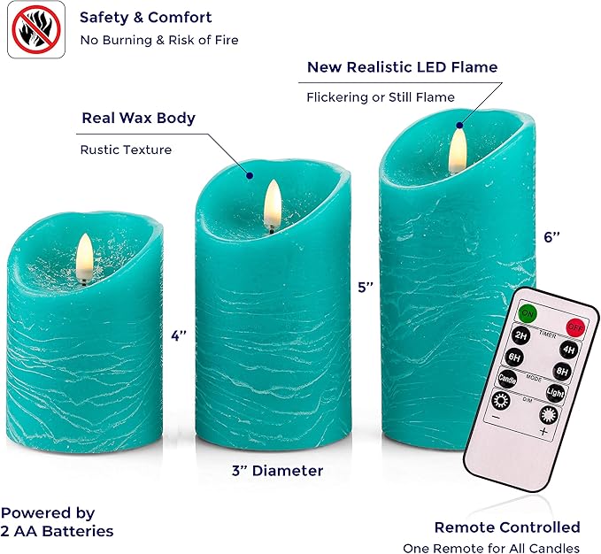 VENTA Turquoise Real Wax Flameless Candles, Set of 3 | Realistic Teal LED Pillar Candles with Remote & Timer | Perfect for Coastal, Beach House & Nautical Decor