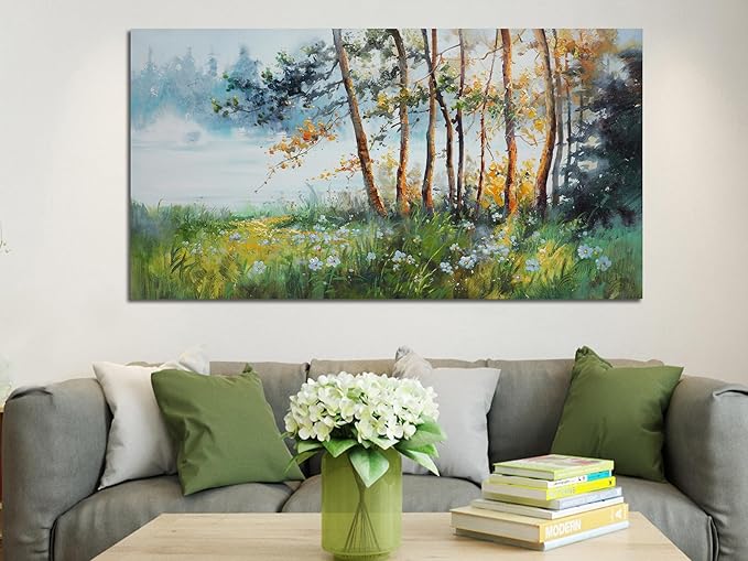 Ardemy Tree Wall Art Canvas for Living Room Landscape Textured Green Forest Painting Nature Flower Picture Bedroom Teal Scenery Artwork Framed Kitchen Home Office Wall Decor, Large 48"x24"