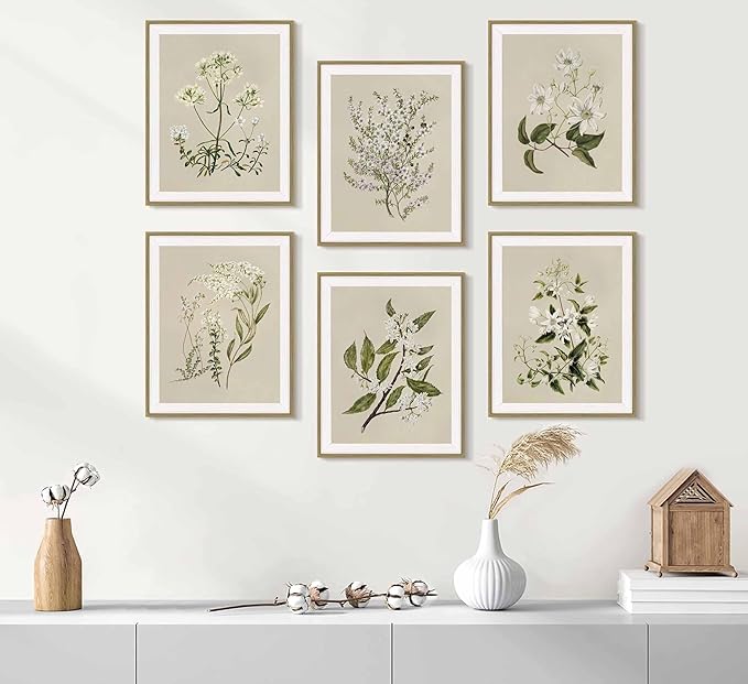 6 PCS Neutral Floral Canvas Wall Art Vintage Rustic Farmhouse Flower Botanical Painting Picture Wall Decor Poster Print Artwork for Living Room Bedroom Home Decoration Unframed