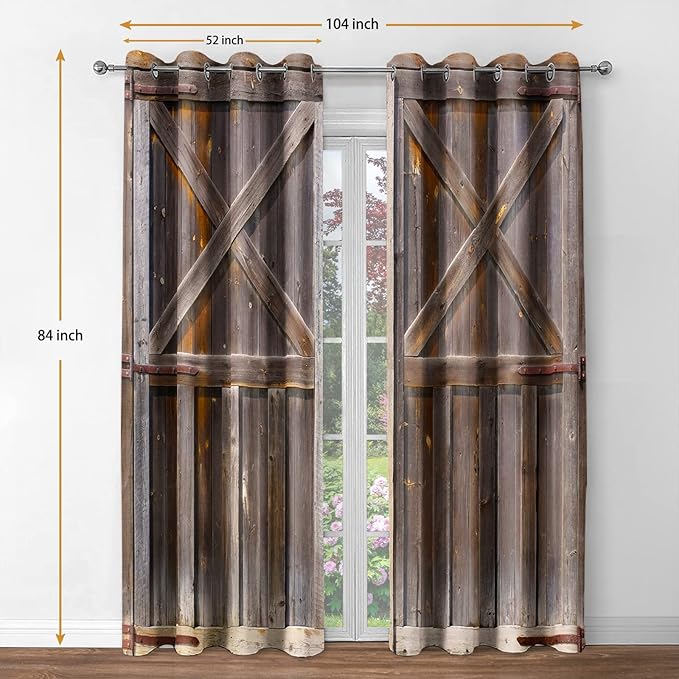 Jekeno Rustic Wooden Barn Door Blackout Curtains Vintage Farmhouse Wood Countryside Decor Sunlight Blocking Drapes Home Bedroom Living Room Grommet Window Drapes 2 Panel Set, 52"x84"