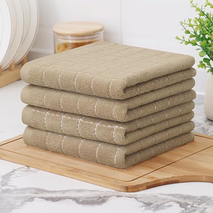 Homaxy 100% Cotton Terry Kitchen Towels(Tan, 13 x 28 inches), Checkered Designed, Soft and Super Absorbent Dish Towels, 6 Pack