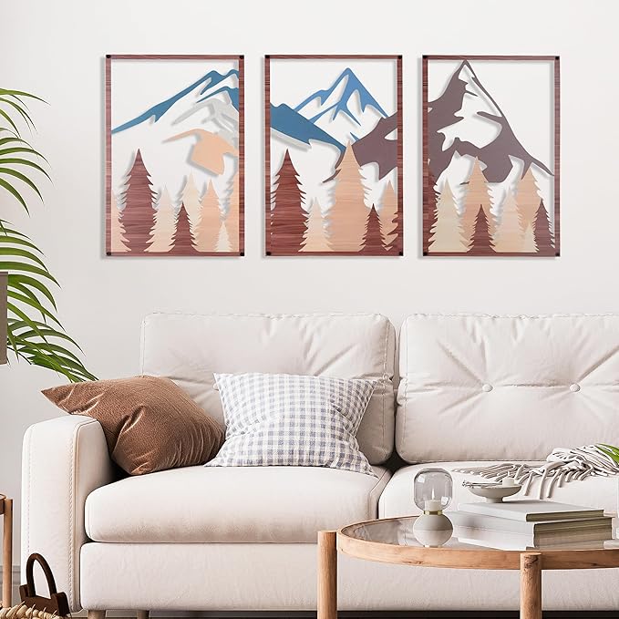 OUR NEST Metal Wall Art Set of 3 – Abstract Mountain Landscape Panels, 3D Rustic Nature Wall Decor for Living Room, Bedroom, Bathroom – Minimalist Metal Wall Sculpture, Modern Home Décor Gift (16" x 11")