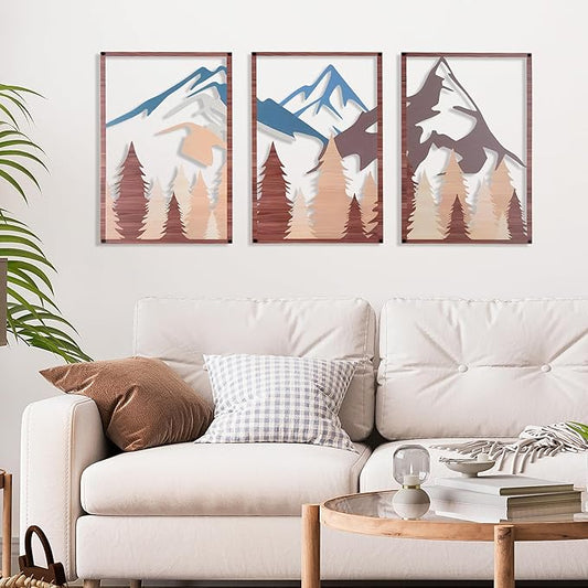 OUR NEST Metal Wall Art Set of 3 – Abstract Mountain Landscape Panels, 3D Rustic Nature Wall Decor for Living Room, Bedroom, Bathroom – Minimalist Metal Wall Sculpture, Modern Home Décor Gift (16" x 11")
