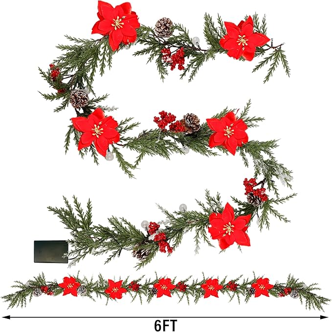 DR.DUDU 6 FT Pre-lit Artificial Christmas Garland with 20 LED Lights, Battery Powered with Pine Cones, Red Berries, Pine Needles, Lighted Christmas Wreath for Holiday Party, Xmas Tree Decorations