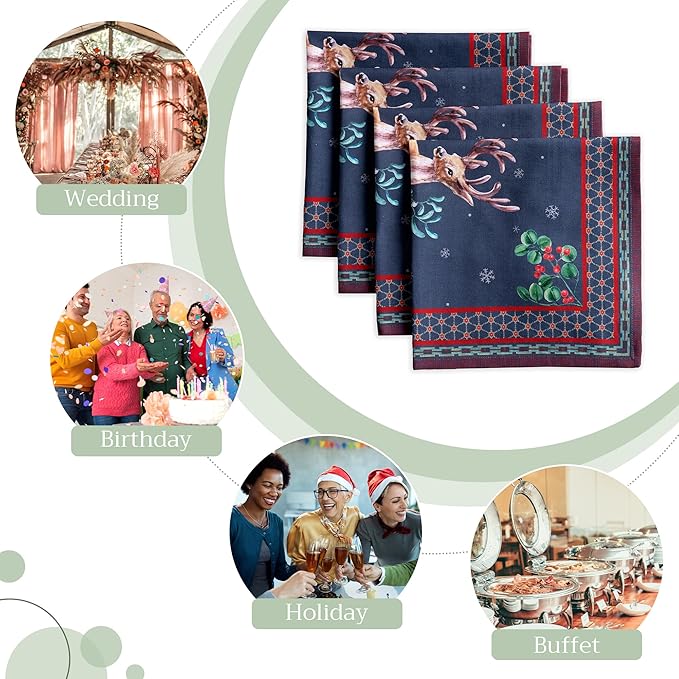 Maison d' Hermine Cloth Napkins Set of 4 100% Cotton Everyday Reusable Square Napkins Cloth Washable, Dinner, Party, Wedding, Restaurant (Christmas Joy, 20" x 20")