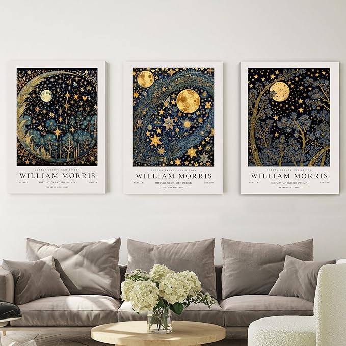 WRFON William Morris Canvas Wall Art, Vintage Gold Moon Wall Decor, Dreamlike Stars Poster Prints, Retro Botanical Aesthetic Pictures for Bedroom Living Room Office Framed Ready to Hang 12"x16"x3