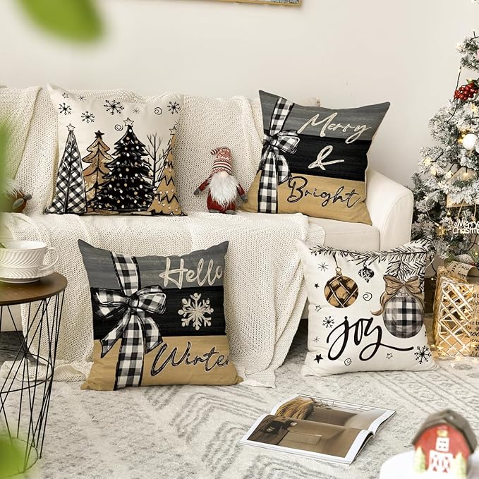 AVOIN colorlife Merry Christmas Joy Xmas Trees Brown Throw Pillow Covers, 18 x 18 Inch Christmas Winter Holiday Cushion Case Decoration for Sofa Couch Set of 4