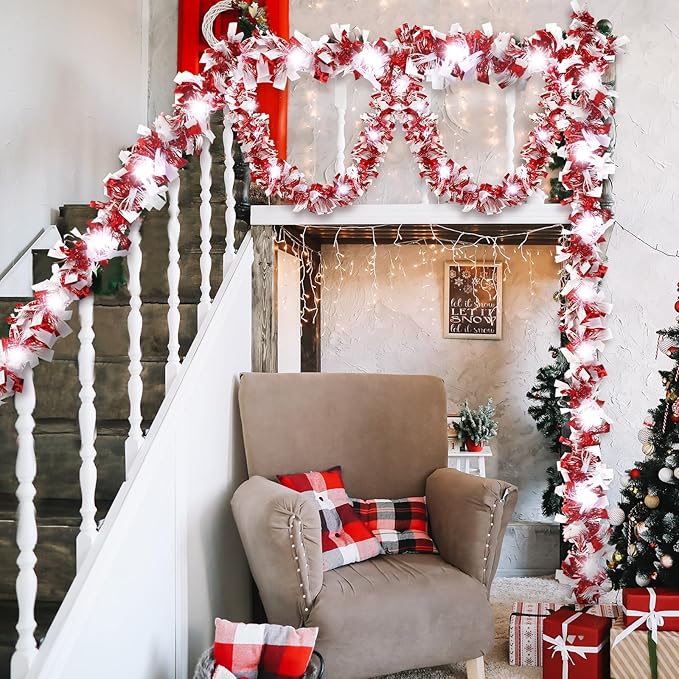 Kingdder 16.4 ft Christmas Tinsel Garland Lighted Metallic Twist Garland with 50 LED Lights Hanging Prelit Xmas Battery Operated Foil Tinsel for Christmas Tree Party Mantel