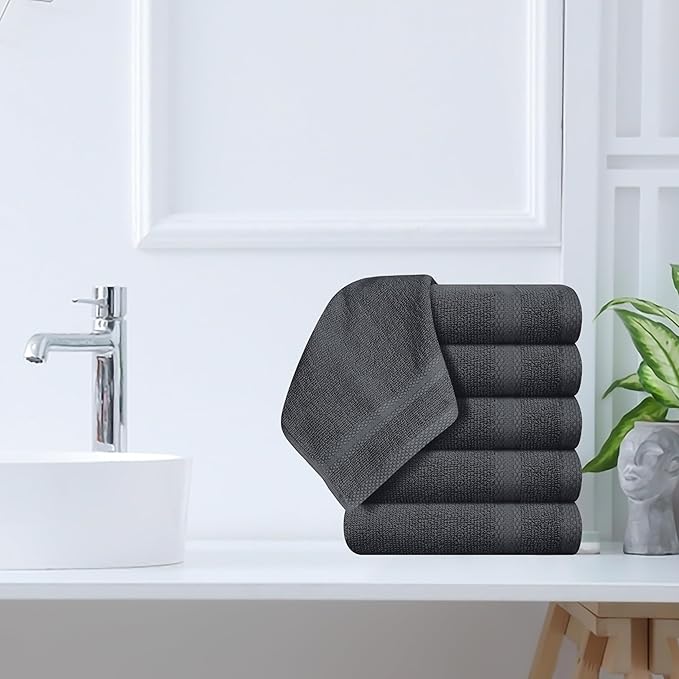 GLAMBURG Ultra Soft 12-Piece Washcloths Set 13x13-100% Ringspun Cotton - Durable & Highly Absorbent Face Towels - Ideal for use in Bathroom, Kitchen, Gym, Spa & General Cleaning - Charcoal Grey
