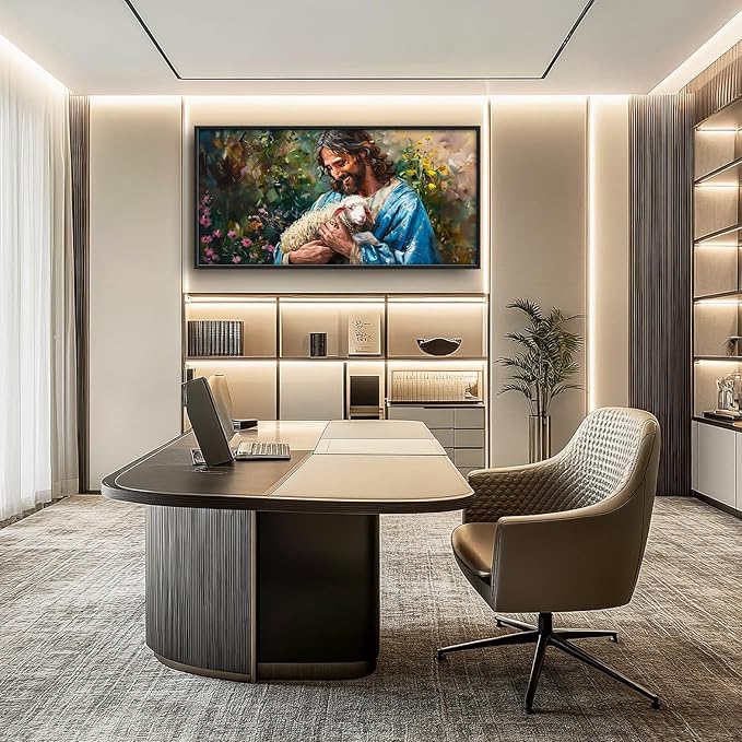 Flintis Large Jesus and Lamb Wall Art Christian Jesus Portrait Pictures Wall Decor Religion Canvas Painting Print Artwork Decoration Framed for Living Room Bathroom Master Bedroom Office 60L x 30W