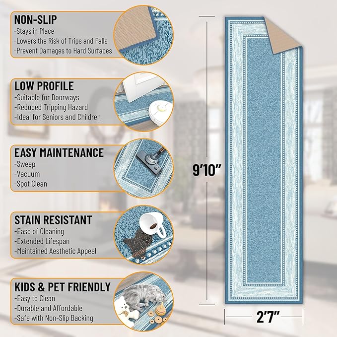 Ottomanson Hallway Runner Rug 2'7" x 9'10" Non Slip Border Area Rugs Easy to Clean Laundry Rug Runner Durable & Pet Friendly Floor Carpet Runners for Hallways Entryway Living Room Kitchen, Turquoise