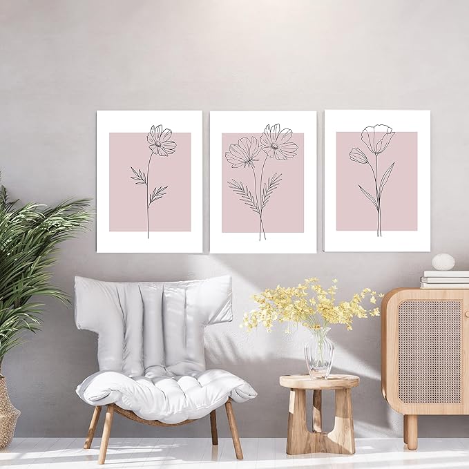 WRFON Pink Line Flower Canvas Wall Art, Light Pink Botanical Aesthetic Pictures, Minimalist Black Line Floral Poster Prints, Abstract Plants Wall Decor for Girls' Room Apartment Framed 12"x16"x3