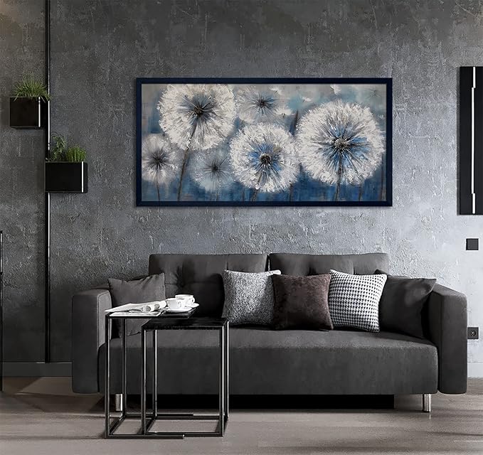 Dandelion Wall Art Blue Large Picture for Living Room Canvas Art Wall Decor Above Bed White Flower Artwork for Walls Paintings Modern Art Aall Decor Framed Wall Art for Bedroom 29×58IN