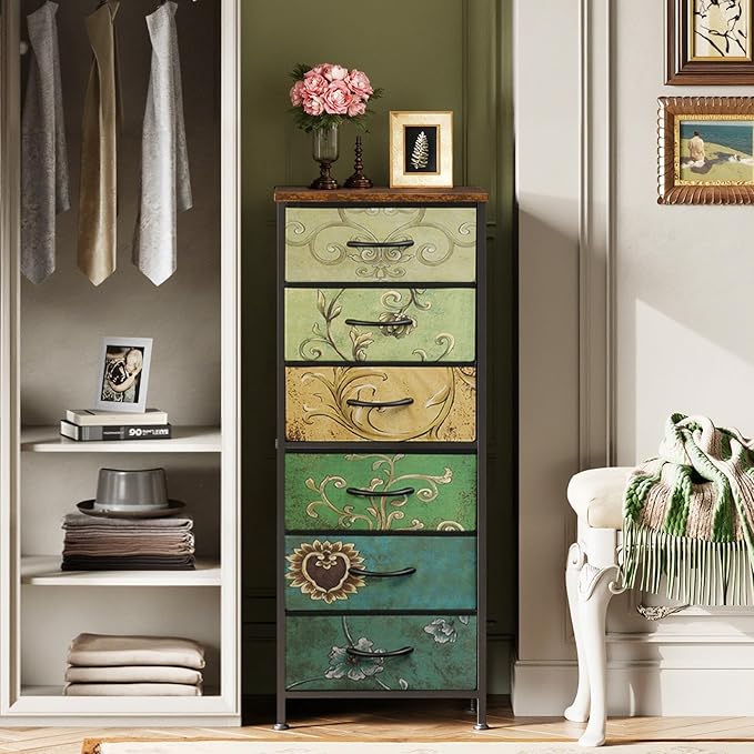 WLIVE Tall Dresser for Bedroom, 6 Drawer Dressers & Chests of Drawers, Fabric Dresser for Closet, Living Room, Night Stand with Metal Frame, Storage Tower with Fabric Bins, Wood Top, Floral Painted