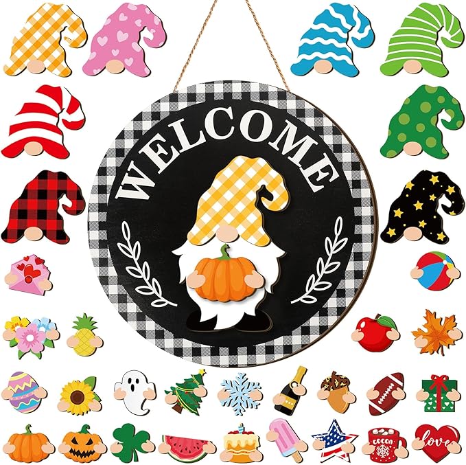 Qunclay Interchangeable Wooden Gnome Decor Holiday Seasonal Gnome Decorations with Magnet Pieces and Detachable Hats Changeable Welcome Sign for Home(Stylish)