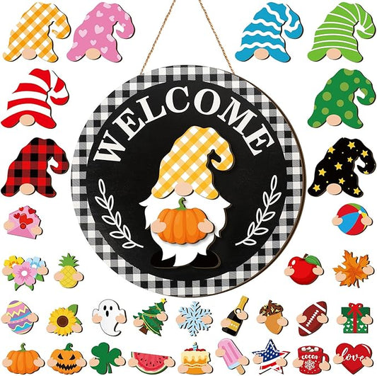 Qunclay Interchangeable Wooden Gnome Decor Holiday Seasonal Gnome Decorations with Magnet Pieces and Detachable Hats Changeable Welcome Sign for Home(Stylish)