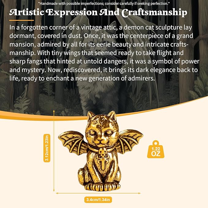 CHOVY Retro Handcrafted Evil Cat Sculpture - 100% Solid Brass Demon Cat Figurine with Wings & Fangs | Gothic Dark Fantasy Desktop Decor, Collectible Art Piece Unique Gift