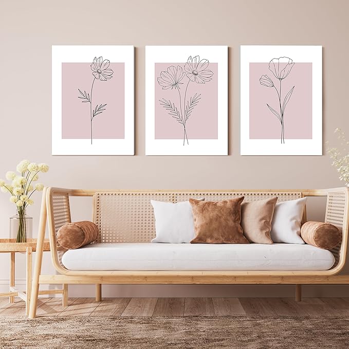 WRFON Pink Line Flower Canvas Wall Art, Light Pink Botanical Aesthetic Pictures, Minimalist Black Line Floral Poster Prints, Abstract Plants Wall Decor for Girls' Room Apartment Framed 12"x16"x3