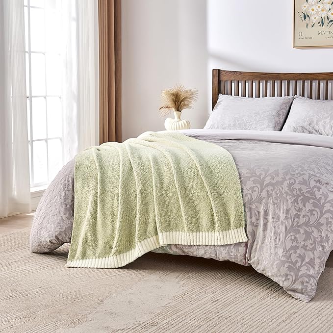 CozeCube Melange Blanket, Ultra Soft Sage Green and White Throw Blanket, Warm Cozy Knit Fuzzy Plush Reversible Throw for Couch Bed Sofa, 60"x80"