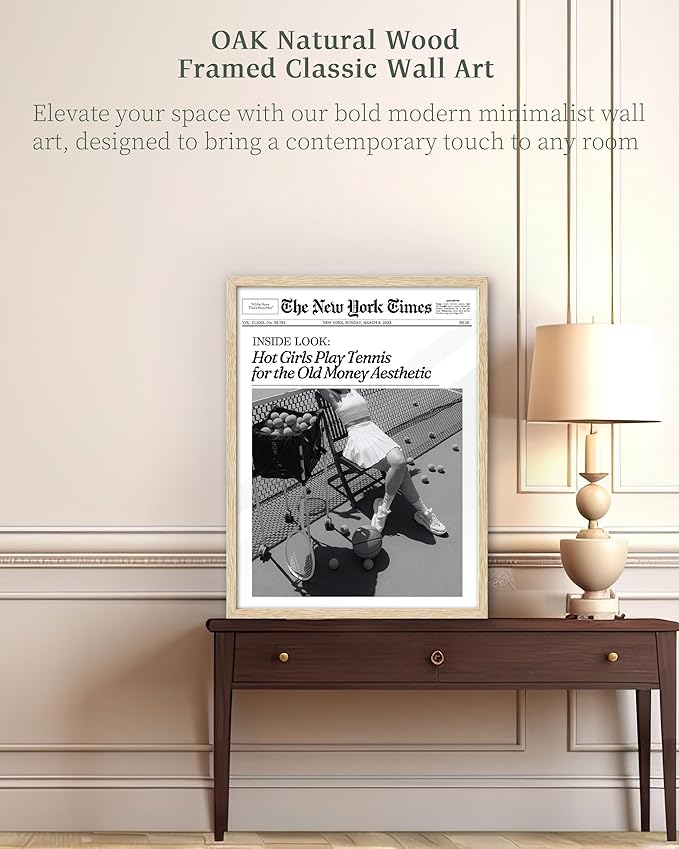 iHery Natural OAK Wood Trendy New York Newspaper Framed Wall Art, 12x16 in Hot Girl Tennis Old Money Aesthetic Vintage Headline Canvas Girl Print, Beige Frame Logs, Home Décor Living Room Set of 1
