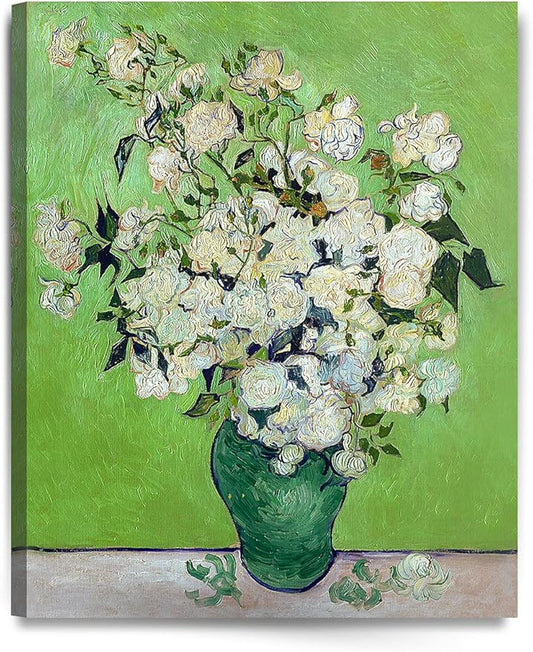 DECORARTS - Pink Roses in a Vase, Vincent Van Gogh Art Reproduction. Giclee Canvas Prints Wall Art for Home Decor 30x24