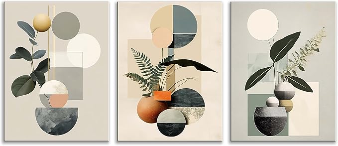 NAN Wind Modern Minimalism Wall Decor Set of 3 Boho Wall Art Mid-Century Framed Botanical Plant Geometric Canvas Art Abstract Minimalist Art Prints For Living Room Bedroom Kitchen Office Home Decor