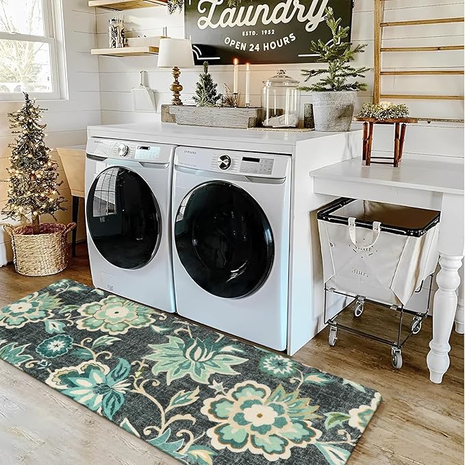 Lahome Floral Small Runner Rug - 2x5 Laundry Rug Runner Non-Slip Washable Soft RoomThrow Lightweight Hallway RCarpet ugs Indoor, Boho Blue Paisley Carpet for Bathroom Kitchen Entryway