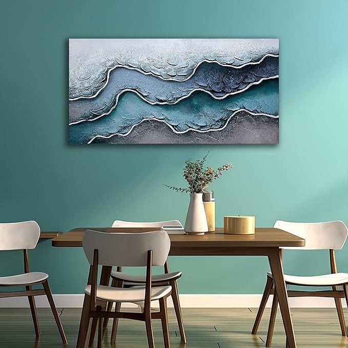 Beach Oil Painting Wall Art for Office Blue and White Wall Decor for Bedroom Wall Pictures for Living Room Size 24 x 47 Inch