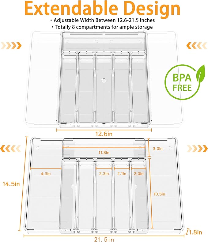 Silverware Drawer Organizer, Expandable Utensil Tray for Kitchen Drawers,BPA Free Flatware and Cutlery Holder,Adjustable Plastic Storage for Utensil like Spoons, Forks, Knives.Clear