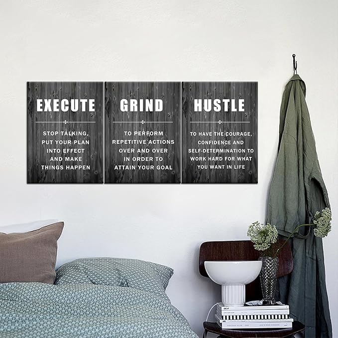 Inspirational Poster Execute Grind Hustle Motivational Wall Art 3 Pieces Canvas Prints Artwork for Living Room Modern Home Decor Painting Pictures Stretched and Framed Ready to Hang [36''Wx 16''H]