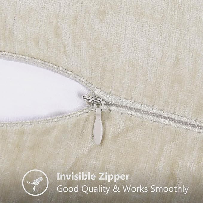 decorUhome Chenille Soft Throw Pillow Covers 24x24 Set of 2, Farmhouse Velvet Neutral Decorative Euro Pillow Covers with Stitched Edge for Couch Sofa Bed Home Decor, Beige