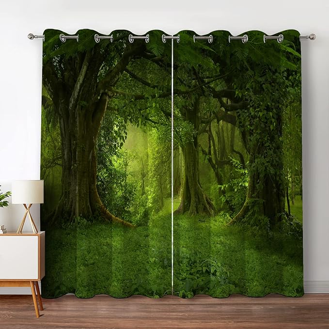 Jekeno Forest Blackout Curtains Tropical Jungle Green Trees Foliage in The Woodland Himalayas Landscape Nature Decor for Bedroom Living Room Grommet Window Drapes 2 Panel Set, 52"x63"