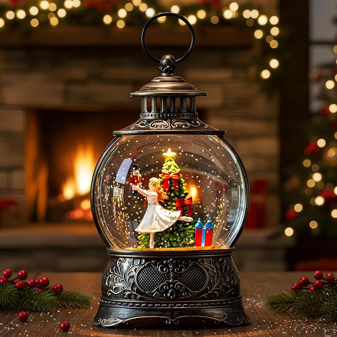 Christmas Snow Globe Lantern – Clara & Prince LED Music Water Globe, Swirling Glitter, Auto Timer – Vintage Lighted Tabletop Decor & Gift