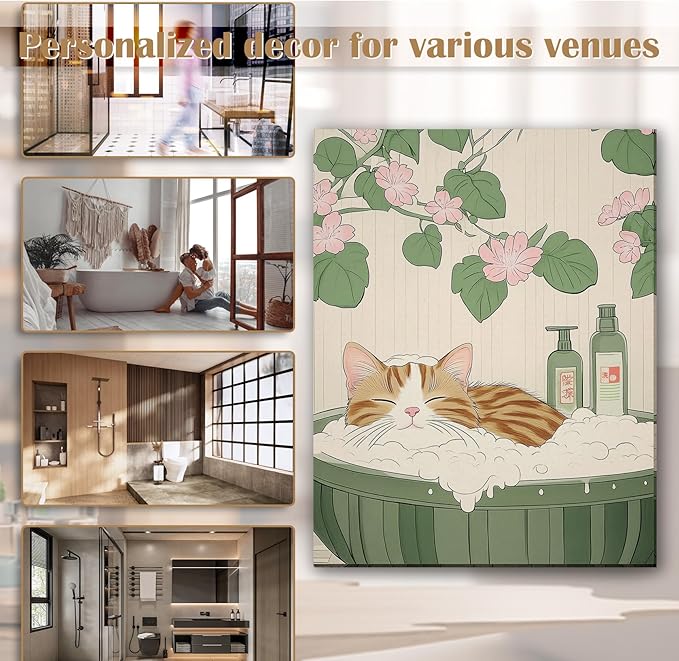 FITIE Funny Orange Tabby Cat Bathroom Canvas Wall Art Poster, Vintage Japanese Aesthetic Floral Cat Framed Artwork Prints Wall Decor for Bathroom Half Bath Washroom, 11x14 Inch