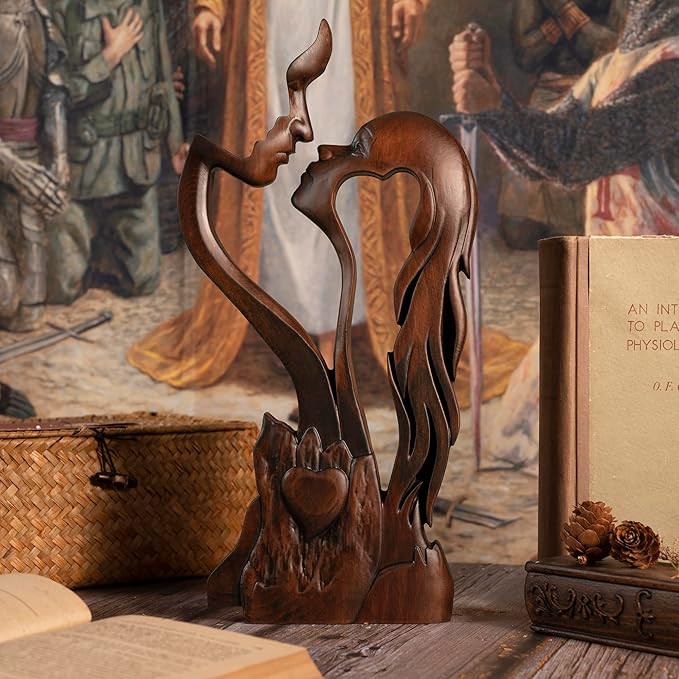 Wooden Kissing Couple Ornament, Abstract Couple Portrait Sculpture Romantic Love Statue Decor Gift for Women Anniversary Valentine Wedding - 10 Inch