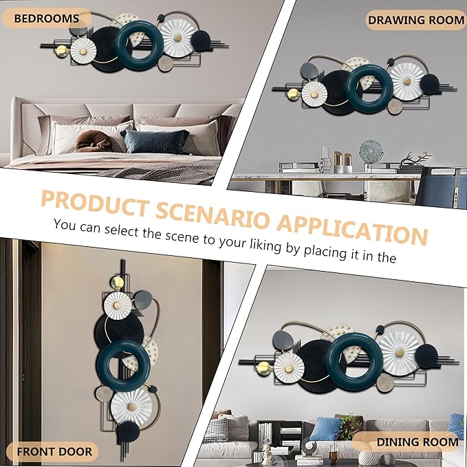 Modern Abstract Metal Wall Art, Large 59x 21 Inches Wall Sculptures, Geometric Circles Design Wall Decor, Blue Black White, Wall Decors for Living Room Bathroom Bedroom Dining Room