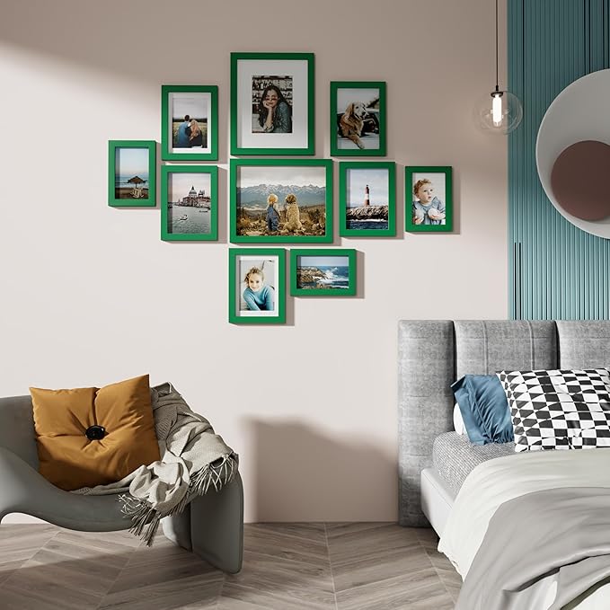 Vittanly 10 Pack Picture Frames Collage Wall Decor, Gallery Wall Frame Set with 2Pcs 8x10, 4Pcs 5x7 and 4Pcs 4x6 Photo Frames, Picture Frame Set for Wall Collage or Tabletop Display, Green